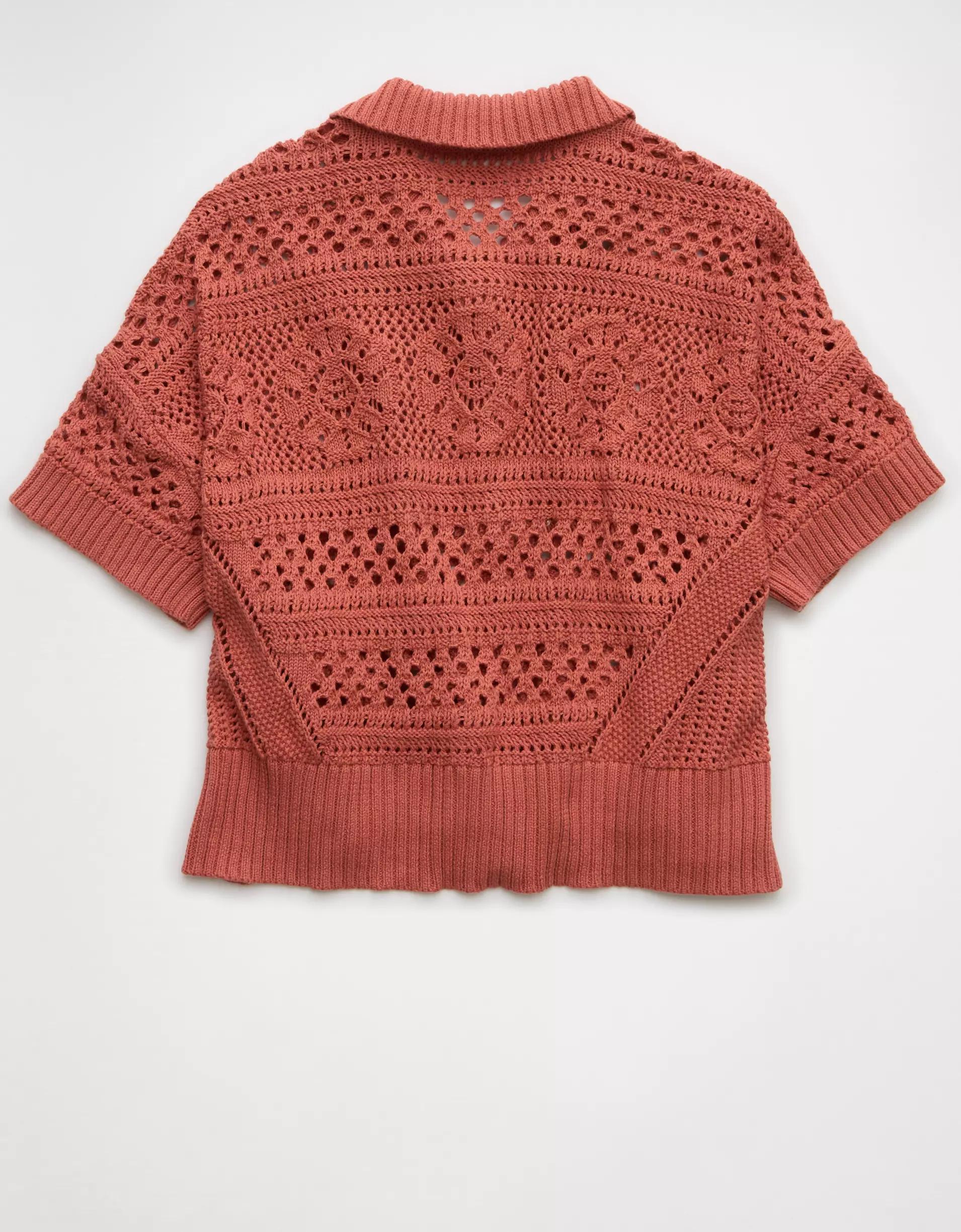 AE Crochet Button-Up Sweater Polo Shirt Product Image