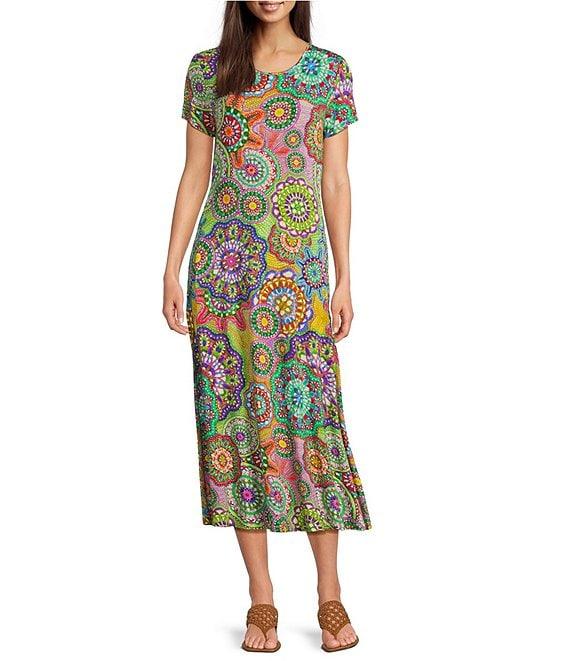 JOHNNY WAS The Janie Favorite Bamboo Knit Napperon Print Crew Neck Short Sleeve Sheath Midi Dress Product Image
