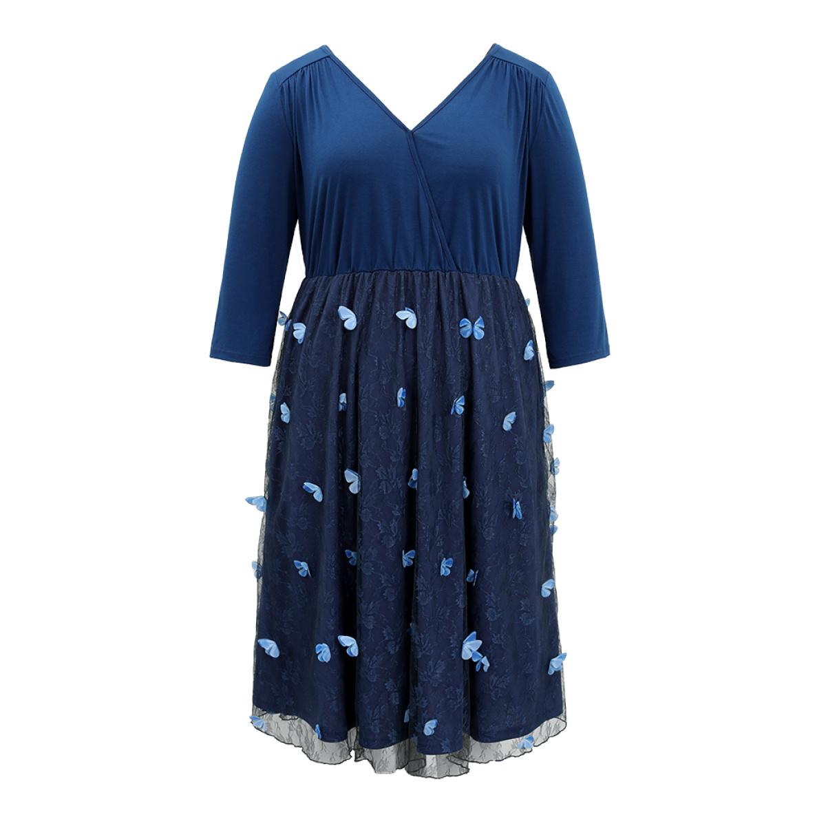 Plus Size Butterfly Patchwork Overlap Collar Mesh Dress DarkBlue Women Elegant Lined Overlap Collar Elbow-length sleeve Curvy Midi Dress BloomChic 28/5X Product Image