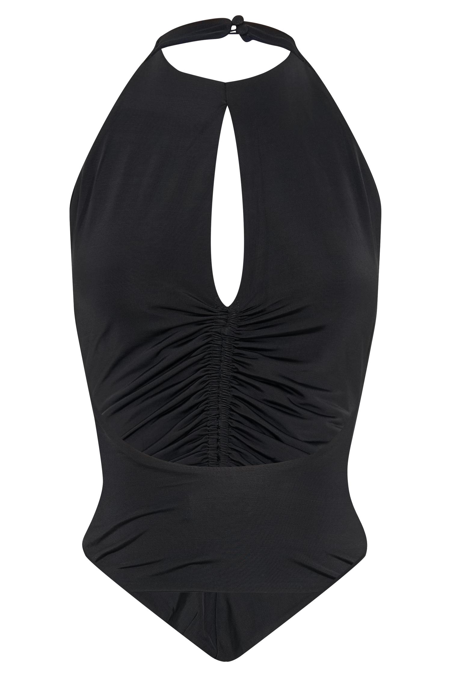 Linda Slinky Ruched Halter Top - Black Product Image