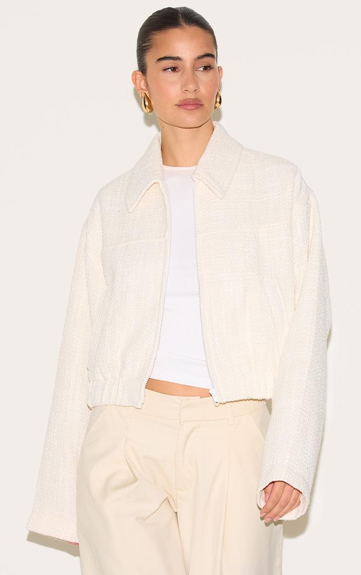 Cream Textured Zip Up Bomber Jacket Product Image