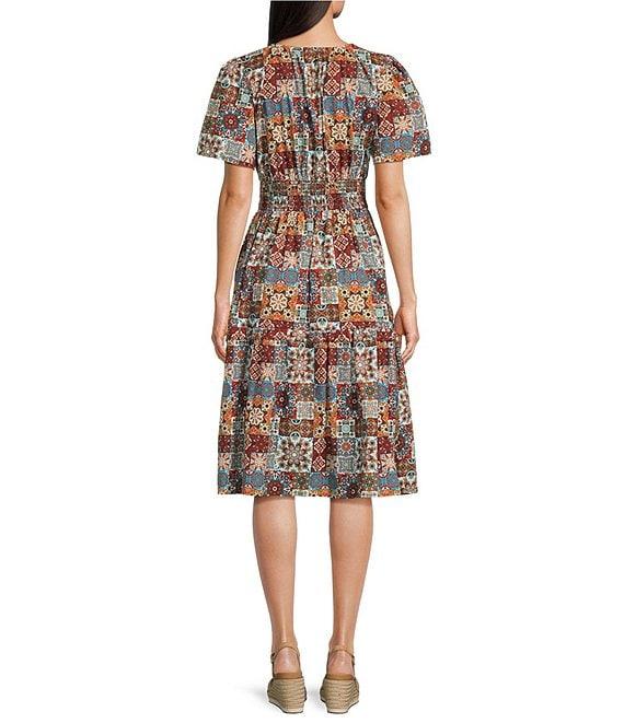 Calessa Blue Multi Patchwork Split V-Neck Flutter Cap Sleeve Tiered A-Line Midi Dress Product Image