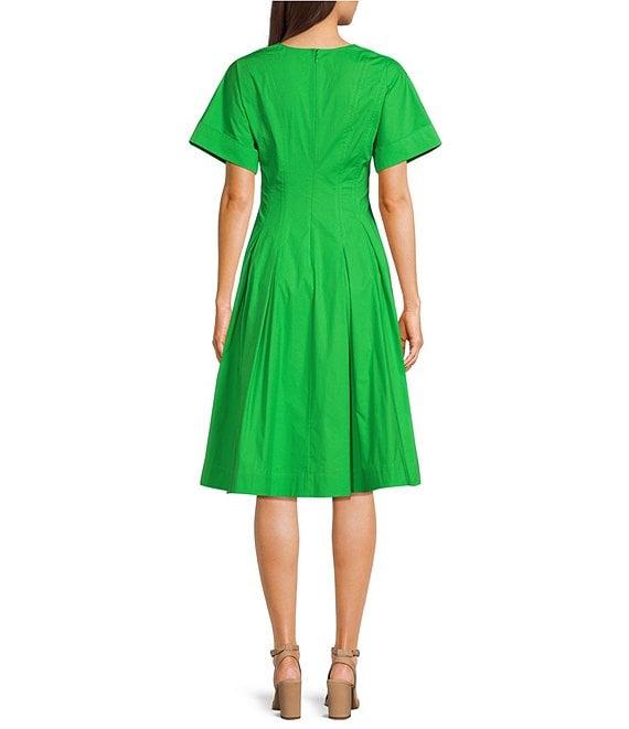 Trina Turk Ashe Poplin V-Neck Short Sleeve Fit-And-Flare Midi Dress Product Image