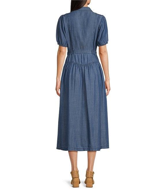 Current Air Chambray Notch Collar Puff Sleeves Button Front Shirt Midi Dress Product Image