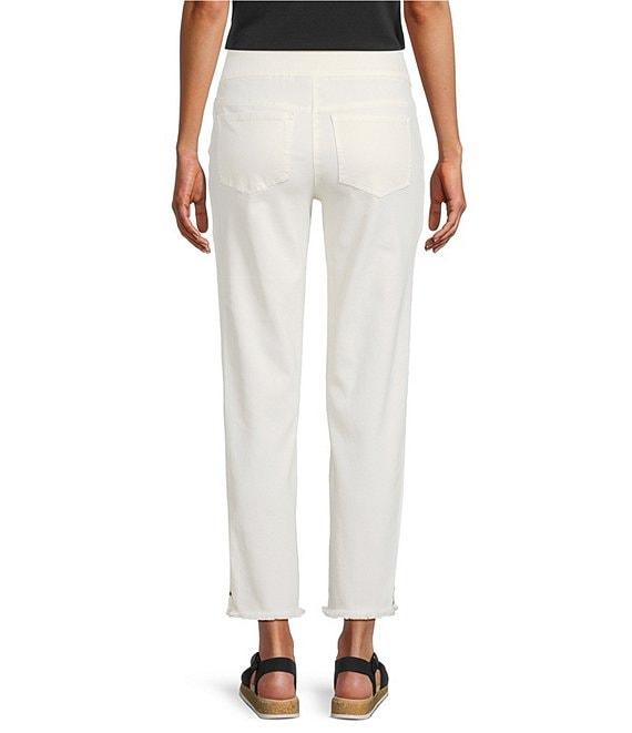 Multiples Solid Garment Dyed Straight Leg Fringe Hem Pull-On Ankle Pants Product Image