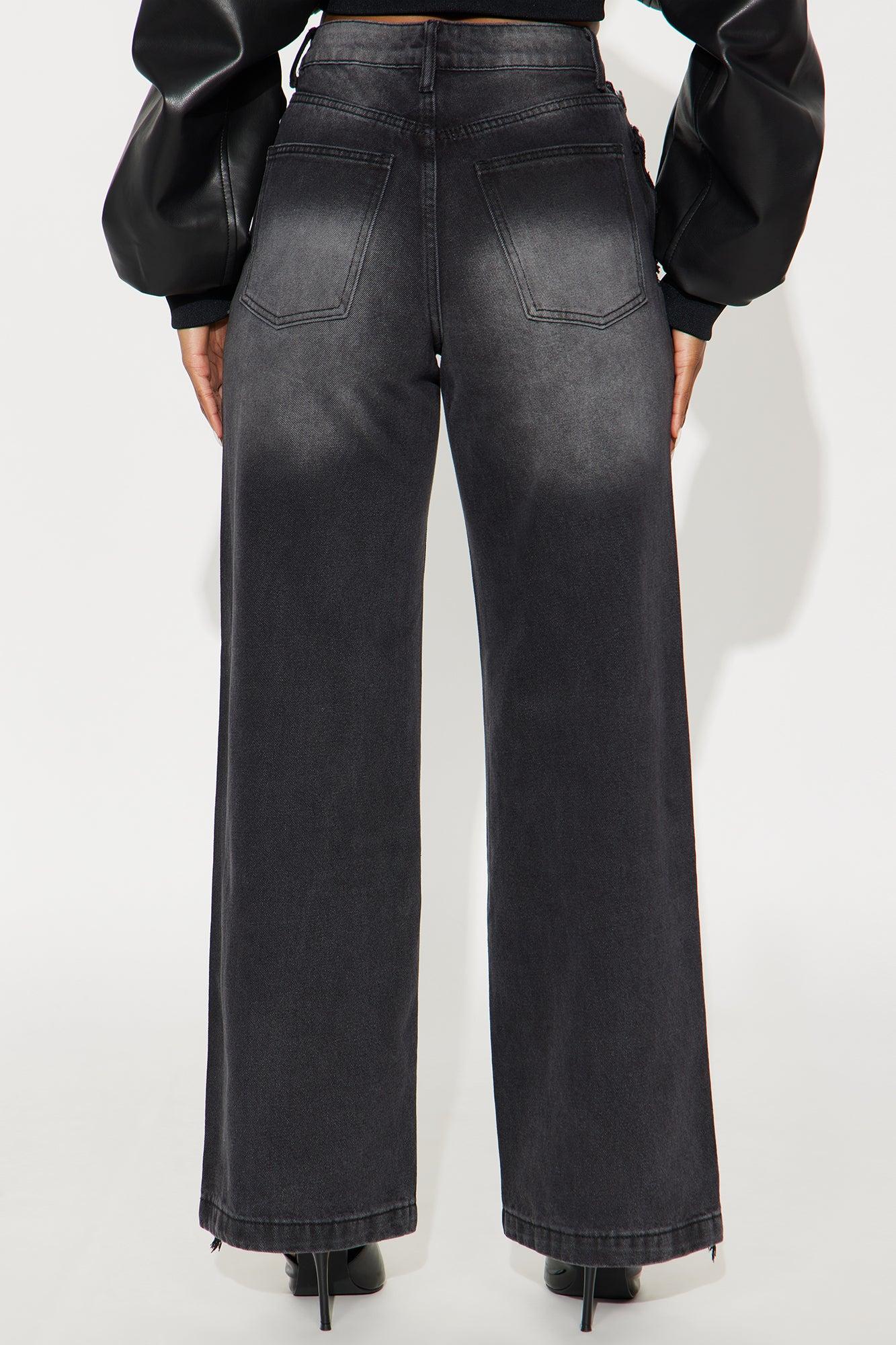 Stick Together Fray Seaming Wide Leg Jeans - Black Wash Female Product Image