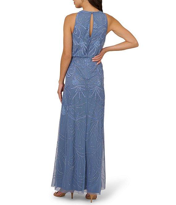 Adrianna Papell Petite Size Beaded Halter Neck Sleeveless Blouson Gown Product Image