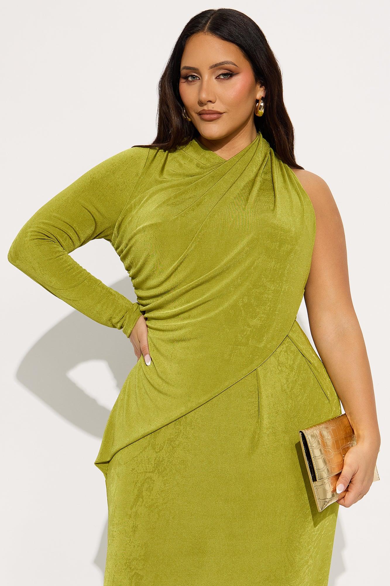 Cadence Slinky One Shoulder Draped Maxi Dress - Chartreuse Female Product Image