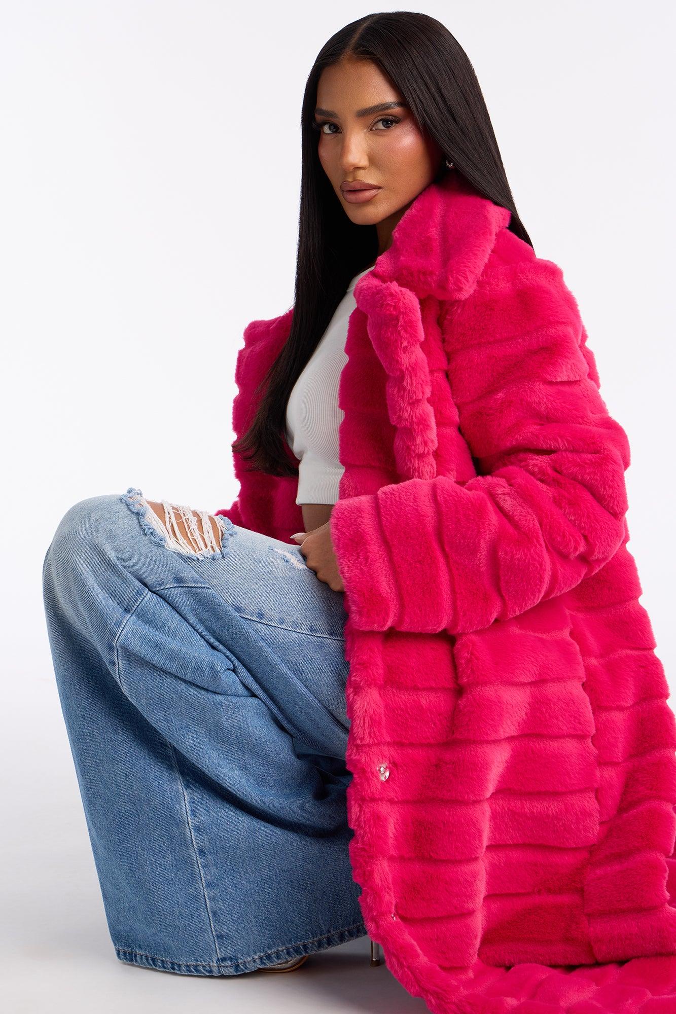 Vivienne Faux Fur Trench Coat - Hot Pink Female Product Image