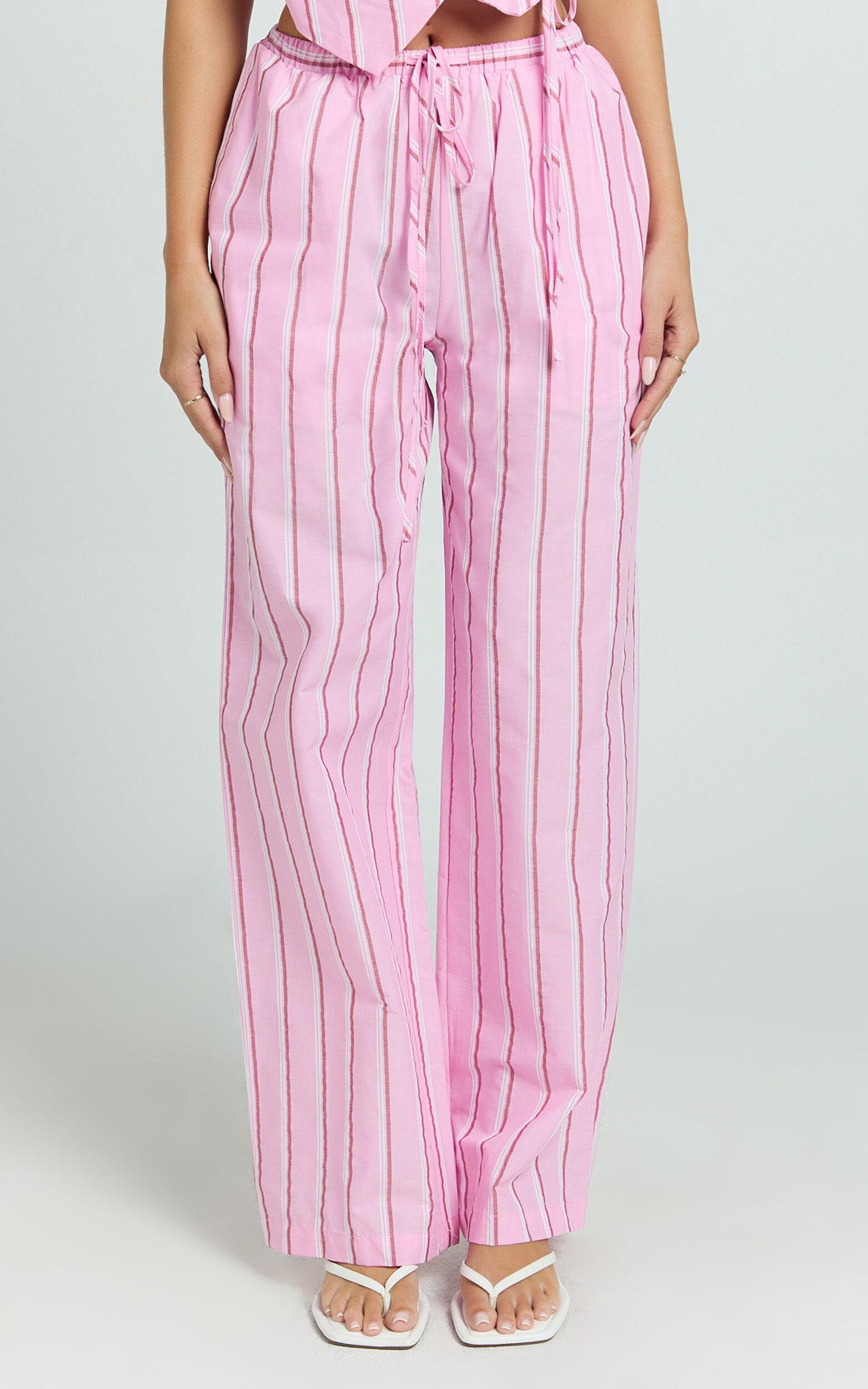 Layla Pants - Mid Waisted Relaxed Elastic Waist Pants in Pink Stripe Product Image