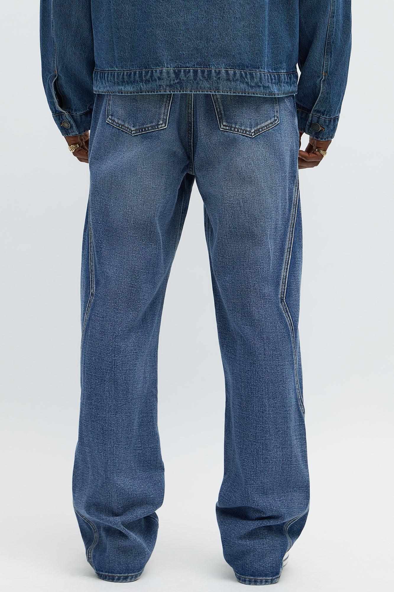 Baggy Faded Paneled Jeans - Medium Blue Wash Male Product Image