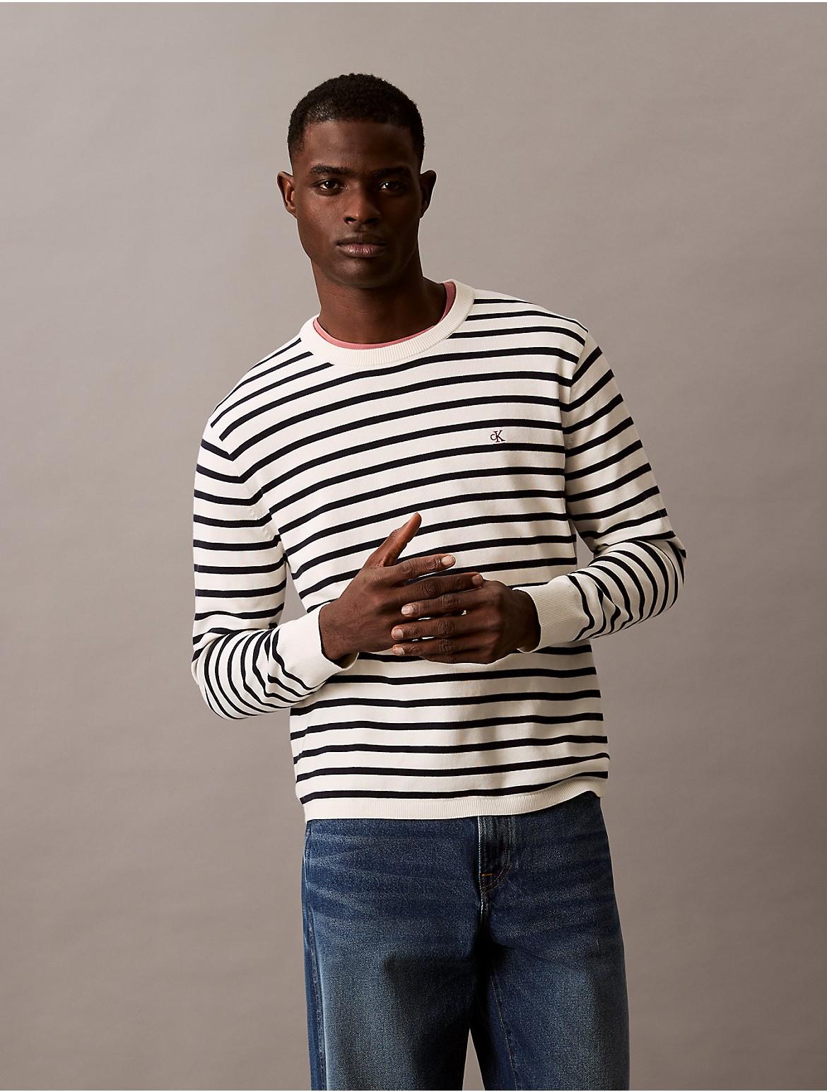 Calvin Klein Mens Smooth Cotton Striped Classic Sweater - White Product Image