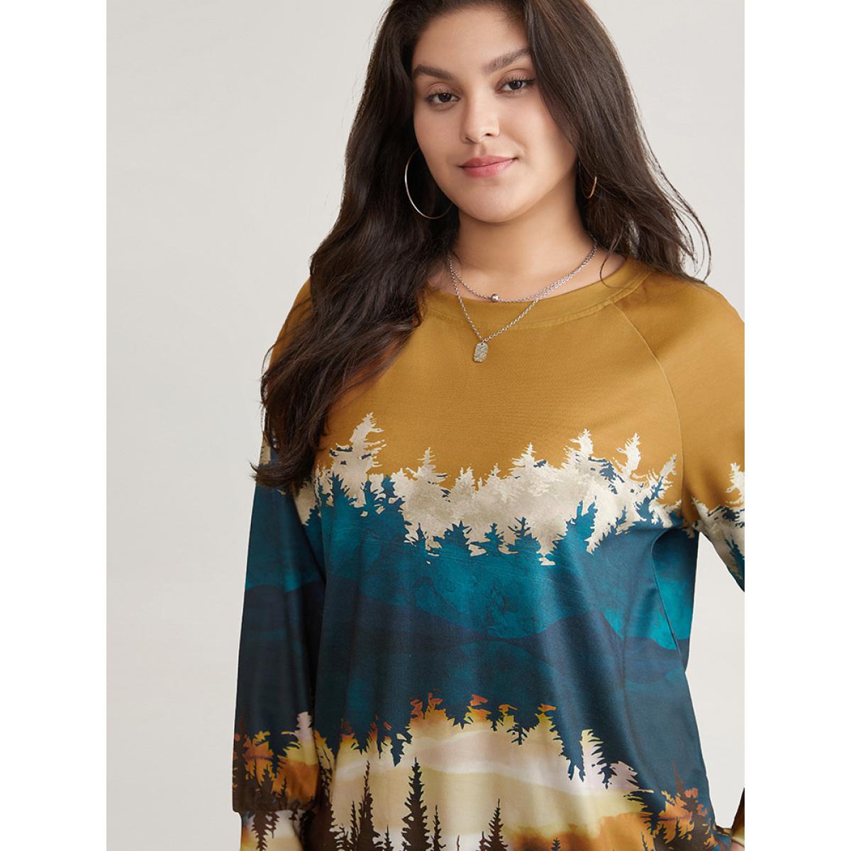 Plus Size Forest Ombre Crew Neck Raglan Sleeve Sweatshirt Women Bronze Casual Printed Round Neck Dailywear Sweatshirts BloomChic 18-20/2X Product Image