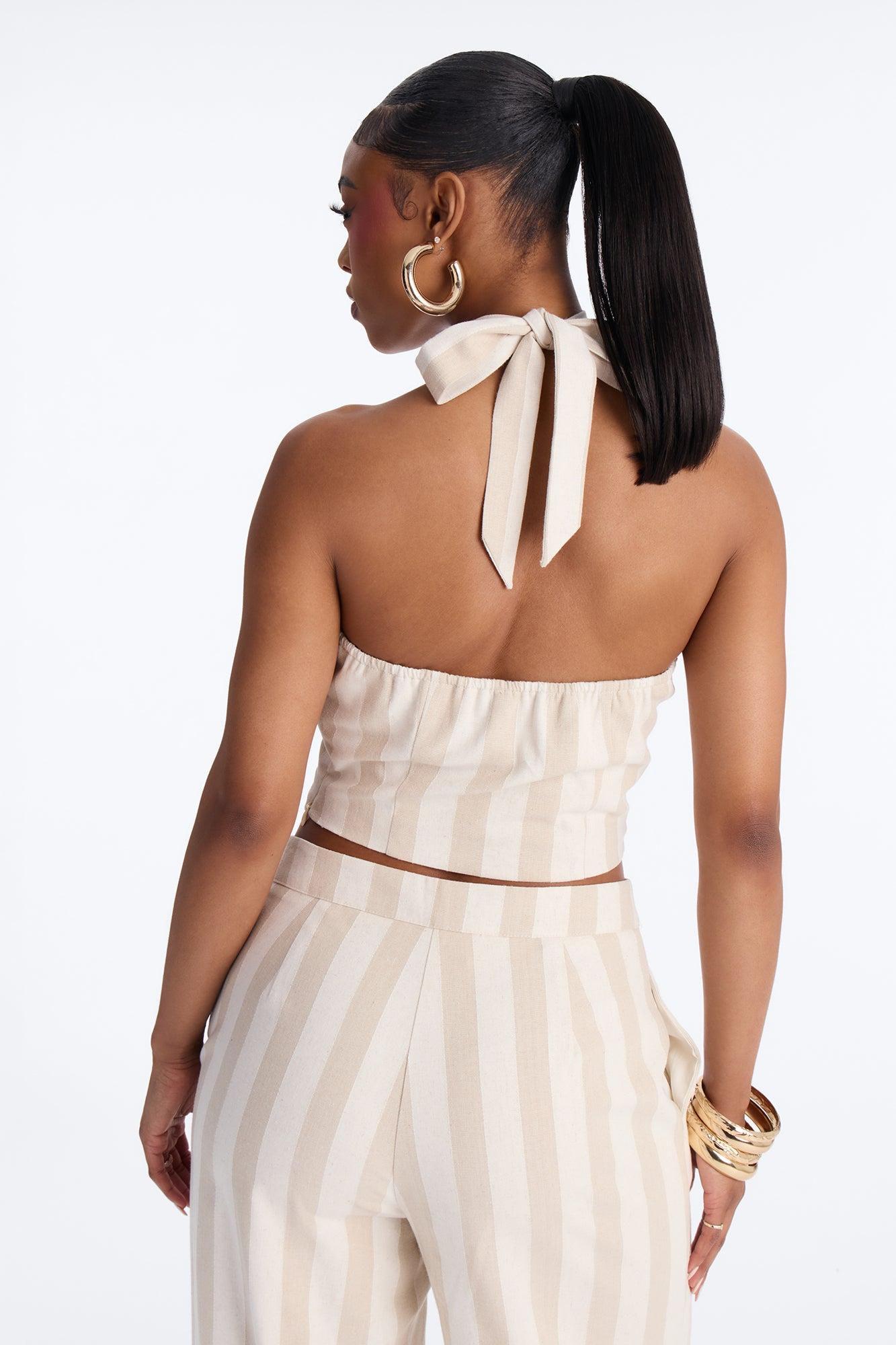 Cruise Attire Striped Linen Halter Top - Taupe/combo Female Product Image