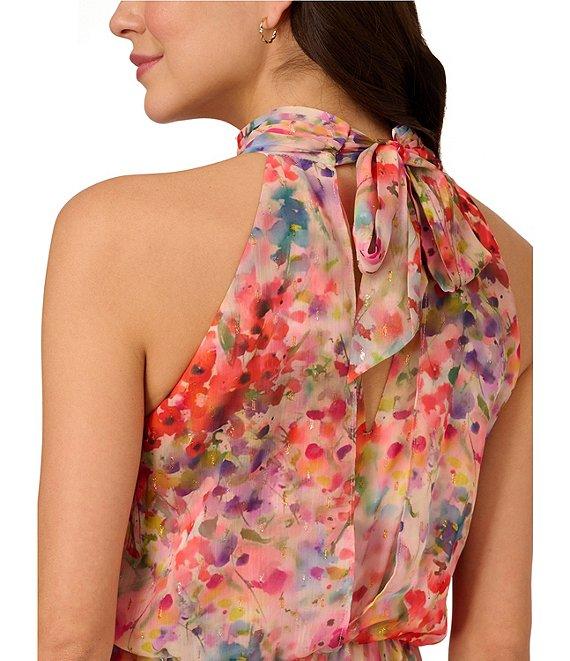 Adrianna Papell Chiffon Floral Print Halter Neck Sleeveless Blouson Midi Dress Product Image