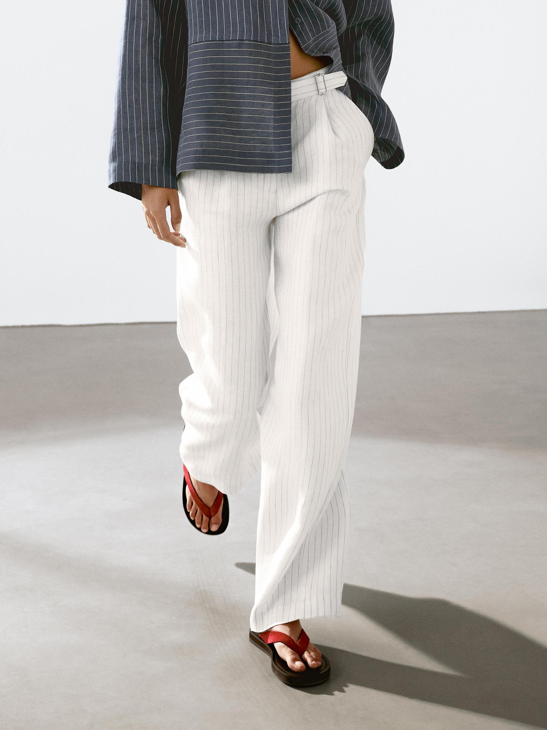 100% linen striped trousers with buckle detail Product Image