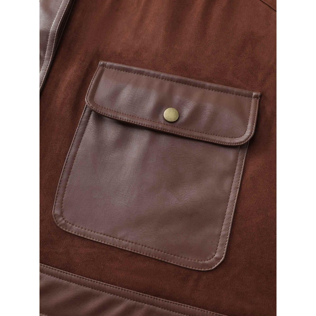 Plus Size Suede Leather Detail Button-Down Jacket Women Browncoffeecolor Patch pocket Casual Jackets BloomChic 28/5X Product Image