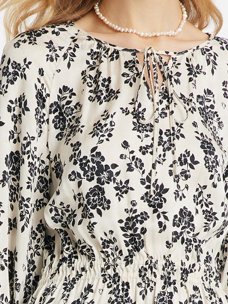 Camellia Print Gathered Waist Women Midi Dress Product Image