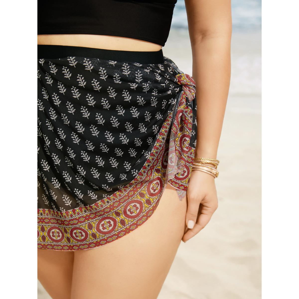 Plus Size Bandana Tie Knot Slit Hem Swim Bottom Women's Swimwear Black Beach Tie knot High stretch Bodycon High Rise Curve Swim Bottoms BloomChic 30/6X Product Image