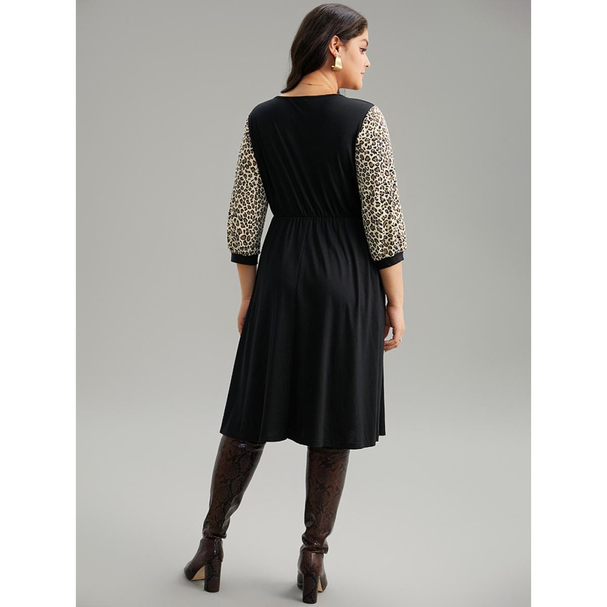 Plus Size Leopard Patchwork Pocket Elastic Waist Dress Black Women Casual Printed Round Neck Elbow-length sleeve Curvy Midi Dress BloomChic 30/6X Product Image