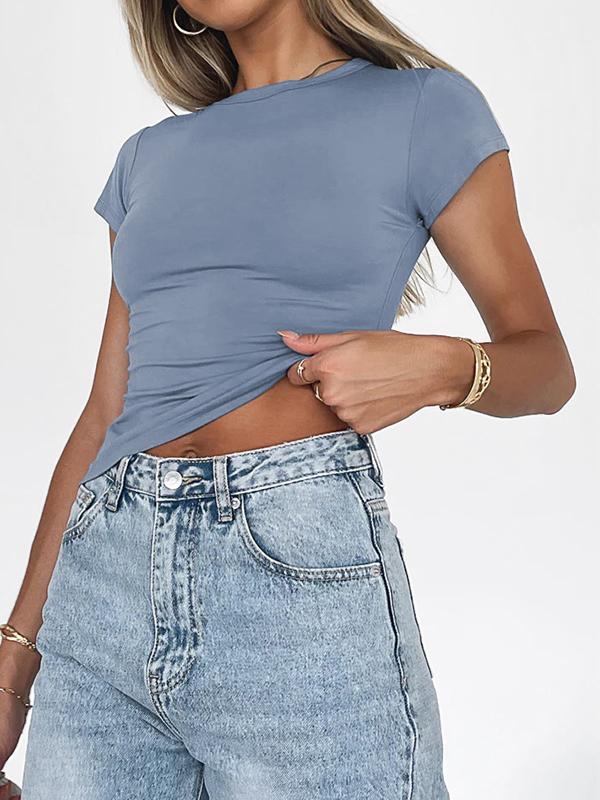 Short Sleeves Skinny Solid Color Round-Neck T-Shirts Product Image