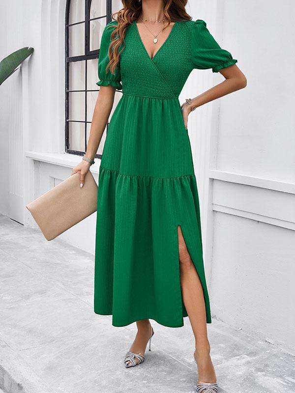 A-Line High Waisted Elasticity Pleated Solid Color Split-Joint V-Neck Midi Dresses Product Image