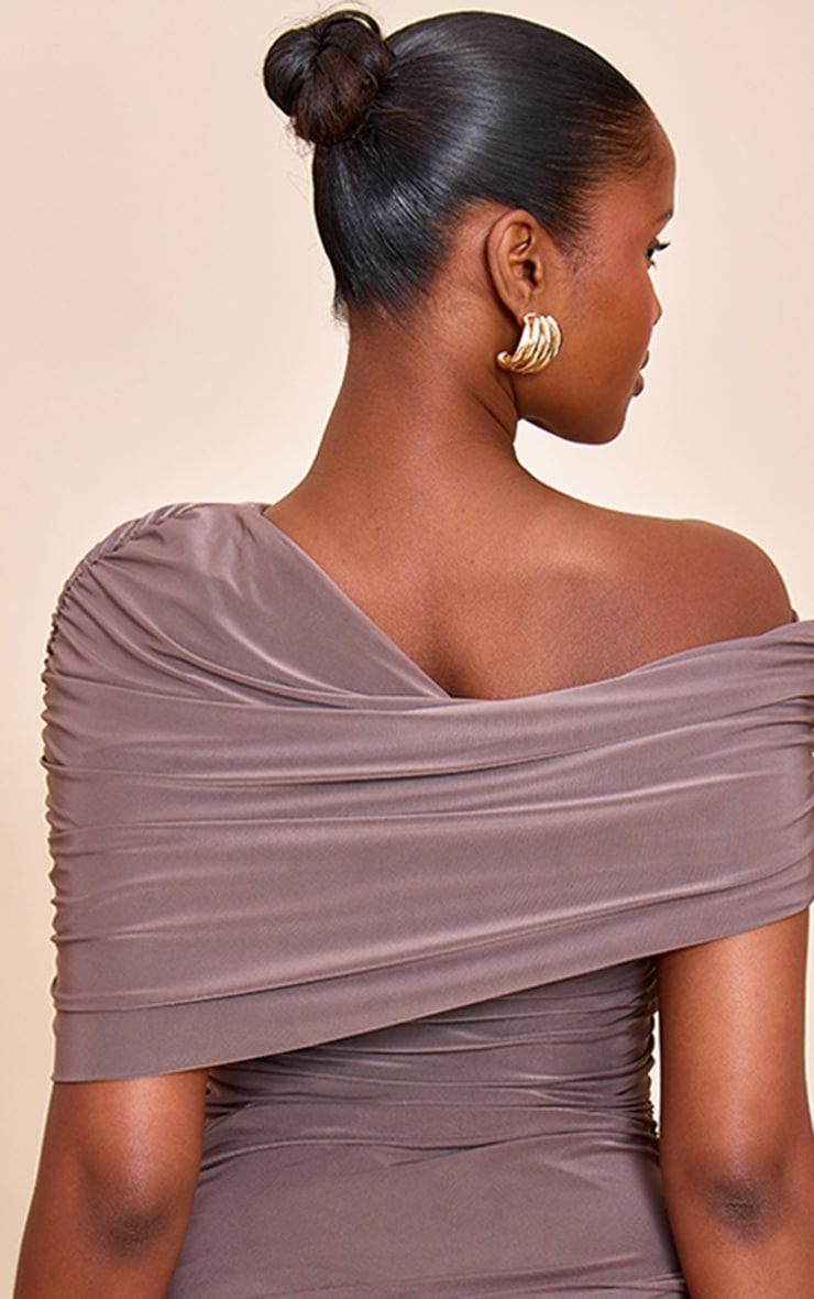 Mushroom Double Layer Slinky Ruched Bardot Long Top Product Image