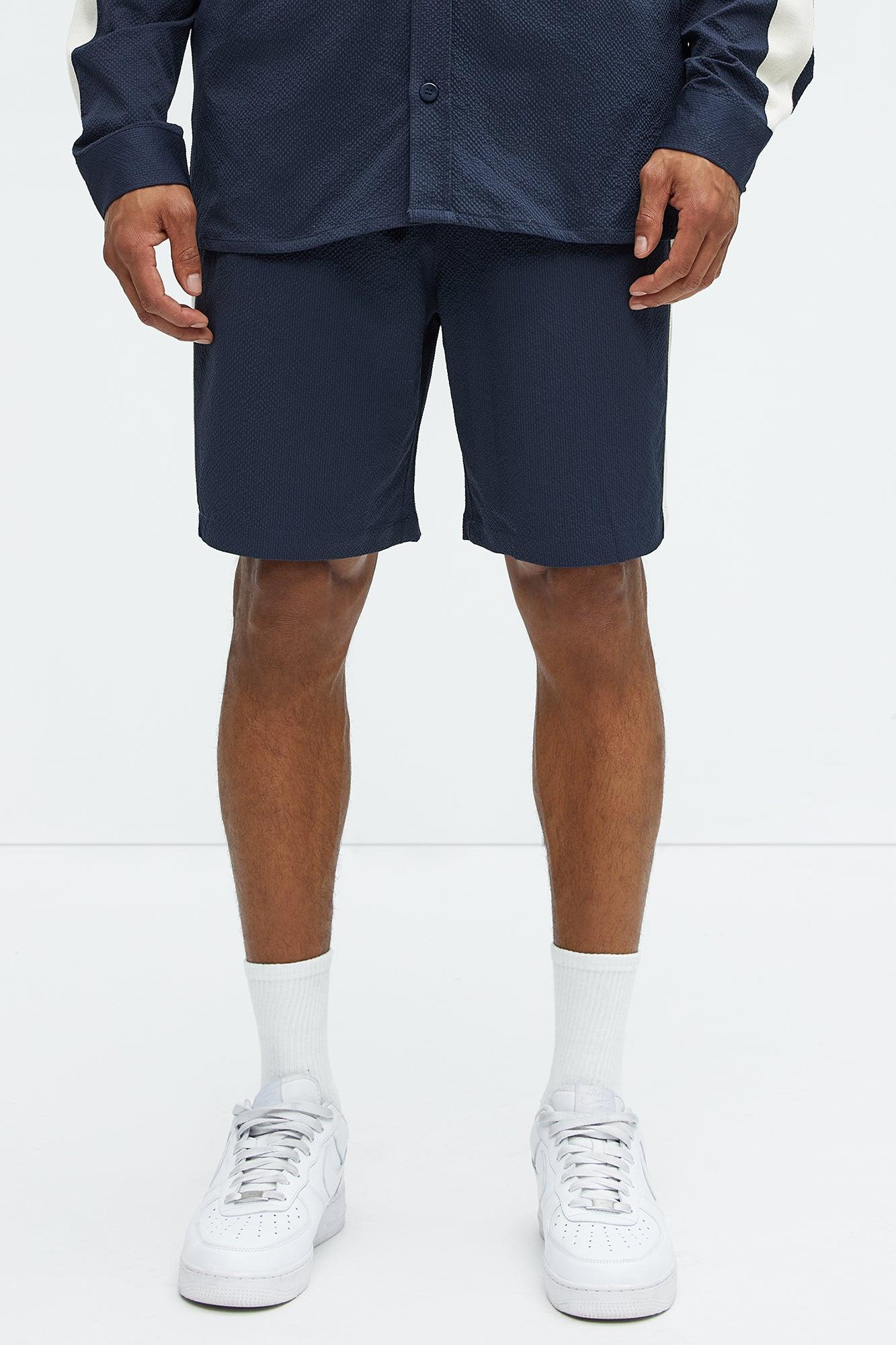 Crinkle Texture Taped Relaxed Shorts - Navy Product Image
