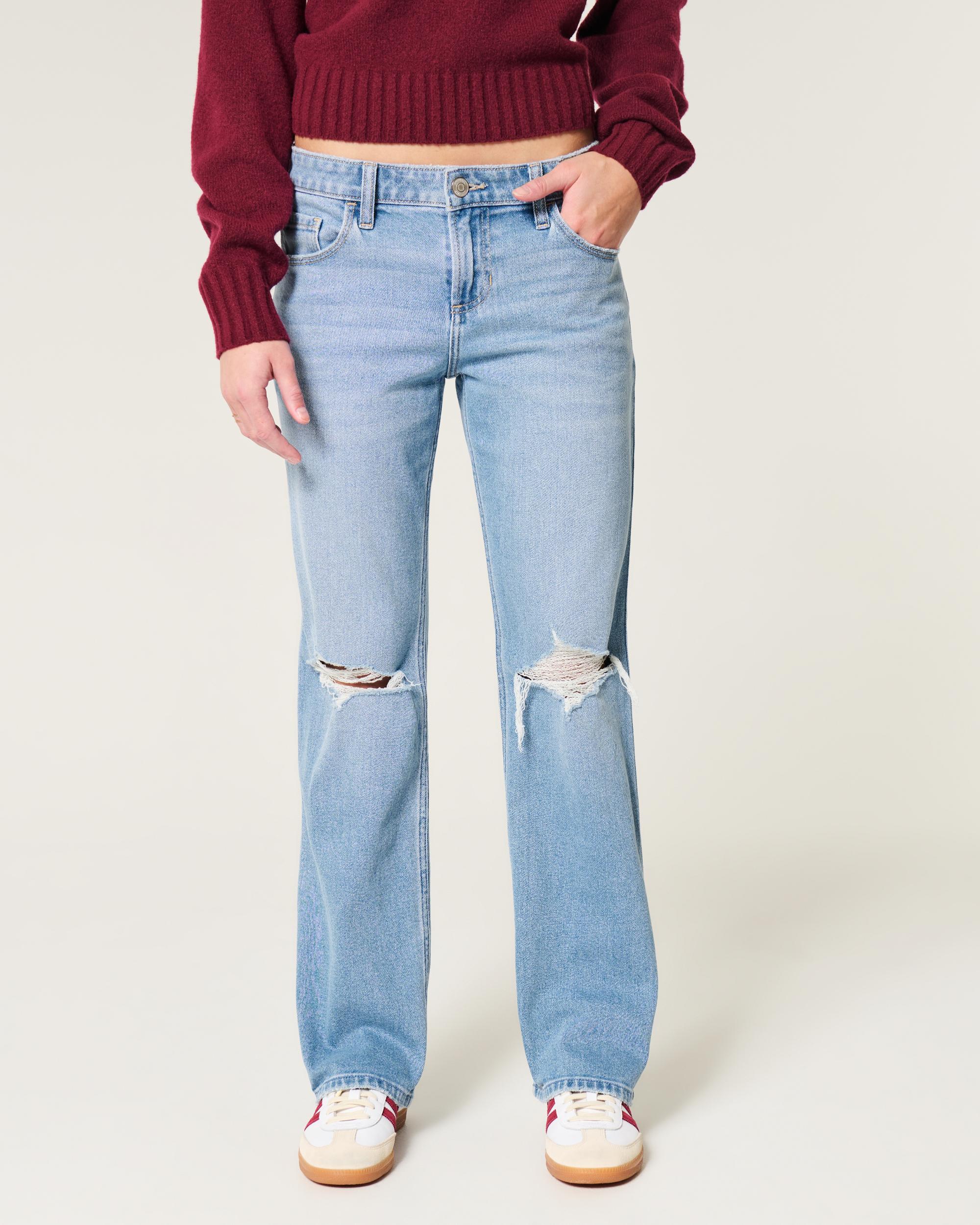 Low-Rise Ripped Medium Wash Relaxed Straight Jeans Product Image