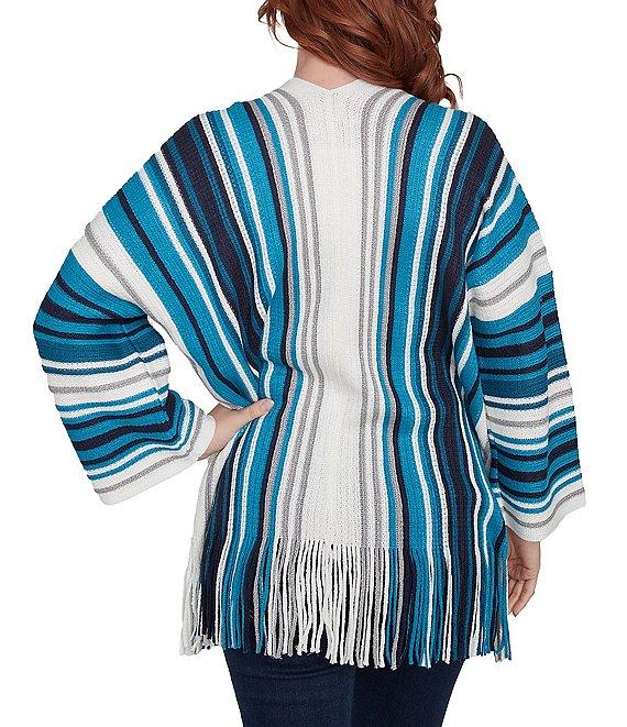 Ruby Rd. Metallic Striped Long Sleeve Fringed Hem Open-Front Car Sweater Product Image