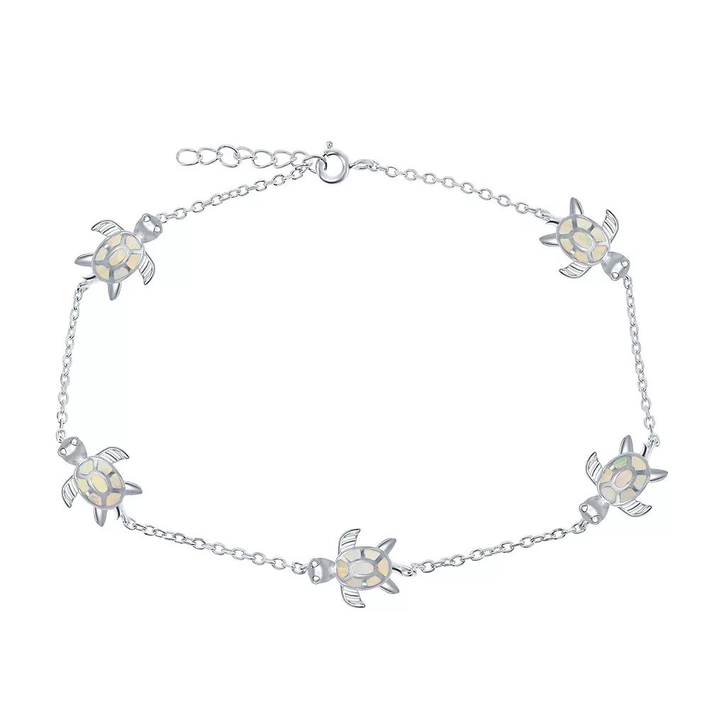 Sterling Silver Lab-Created Opal Sea Turtle Anklet, Womens White Product Image