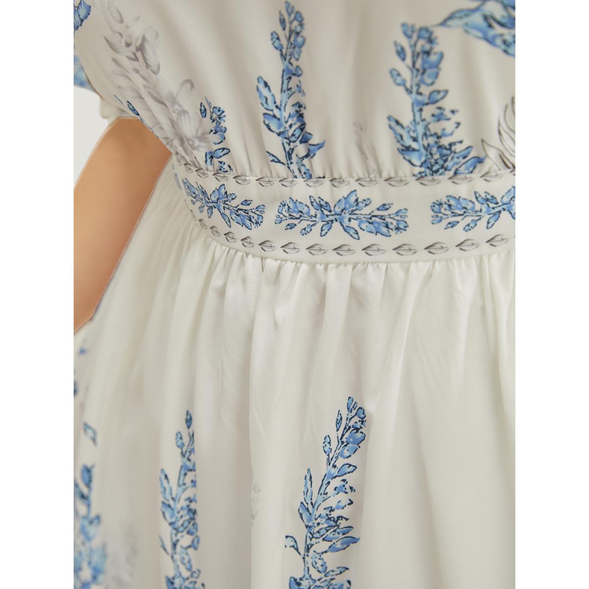 Plus Size Bandana Print Pocket Ruffle Knee Dress LightBlue Women Elegant Pocket V-neck Short sleeve Curvy Knee Dress BloomChic 26/4X Product Image
