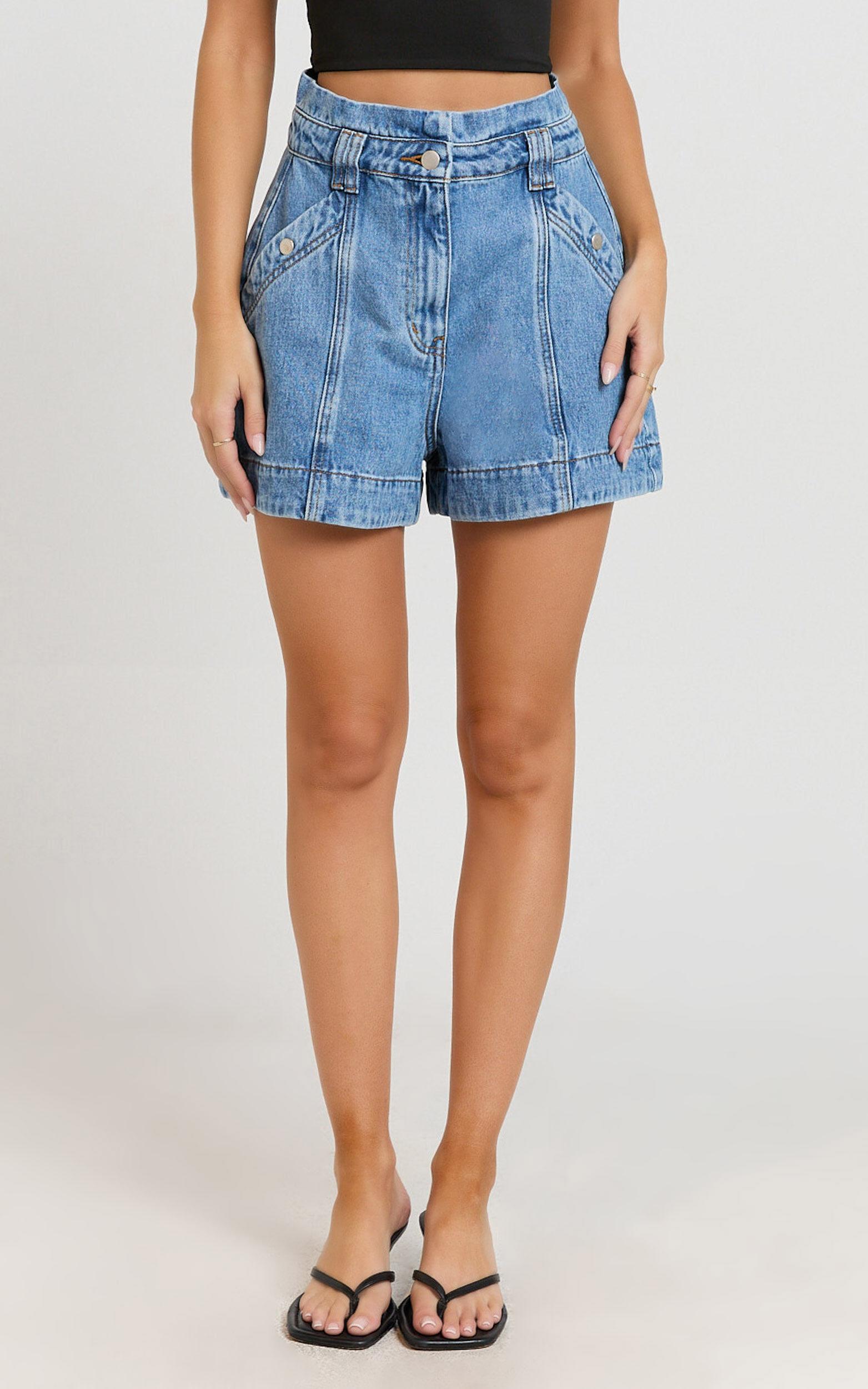 Kayla Shorts - High Waisted A Line Denim Shorts in Mid Blue Wash Product Image