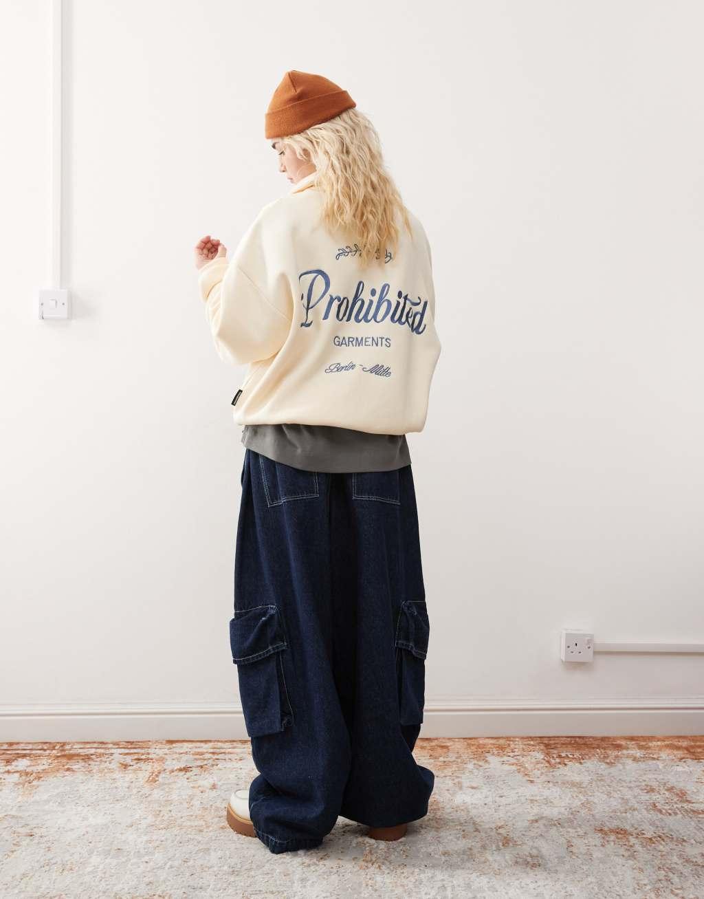 Prohibited half zip contrast logo detail sweatshirt in cream Product Image