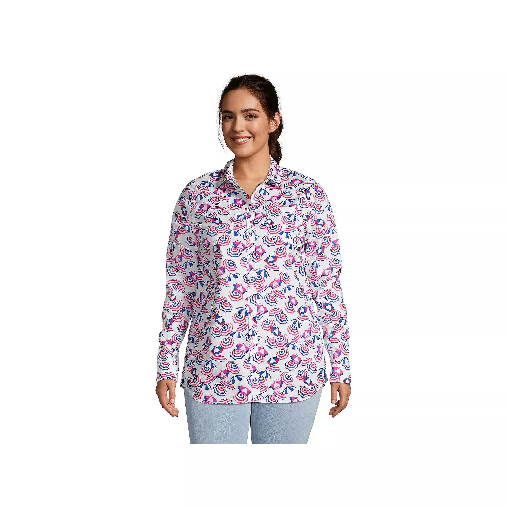 Plus Size Lands' End Roll-Tab Poplin Boyfriend Tunic Shirt, Women's, Size: 2XL, White Beach Umbrella Product Image