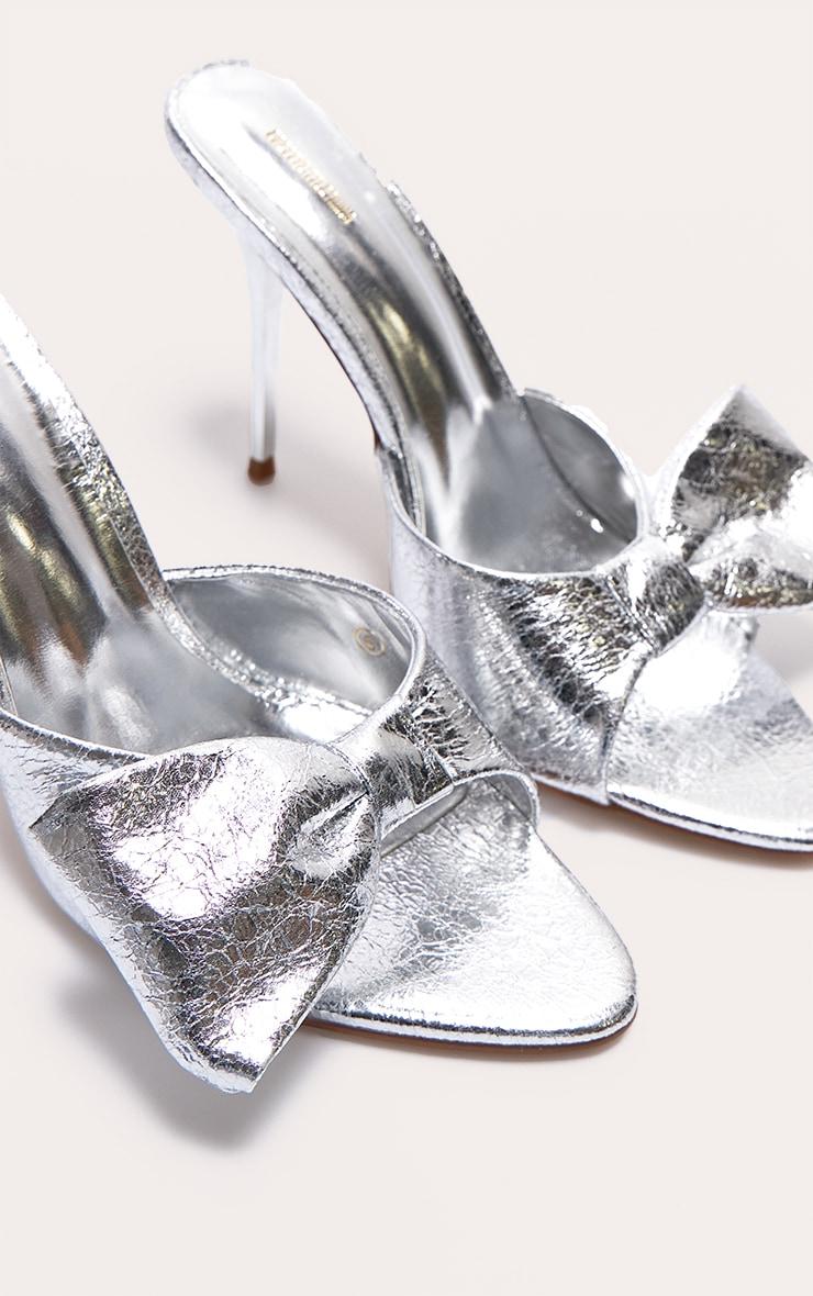 Silver PU Point Toe Half Bow Heeled Mules Product Image