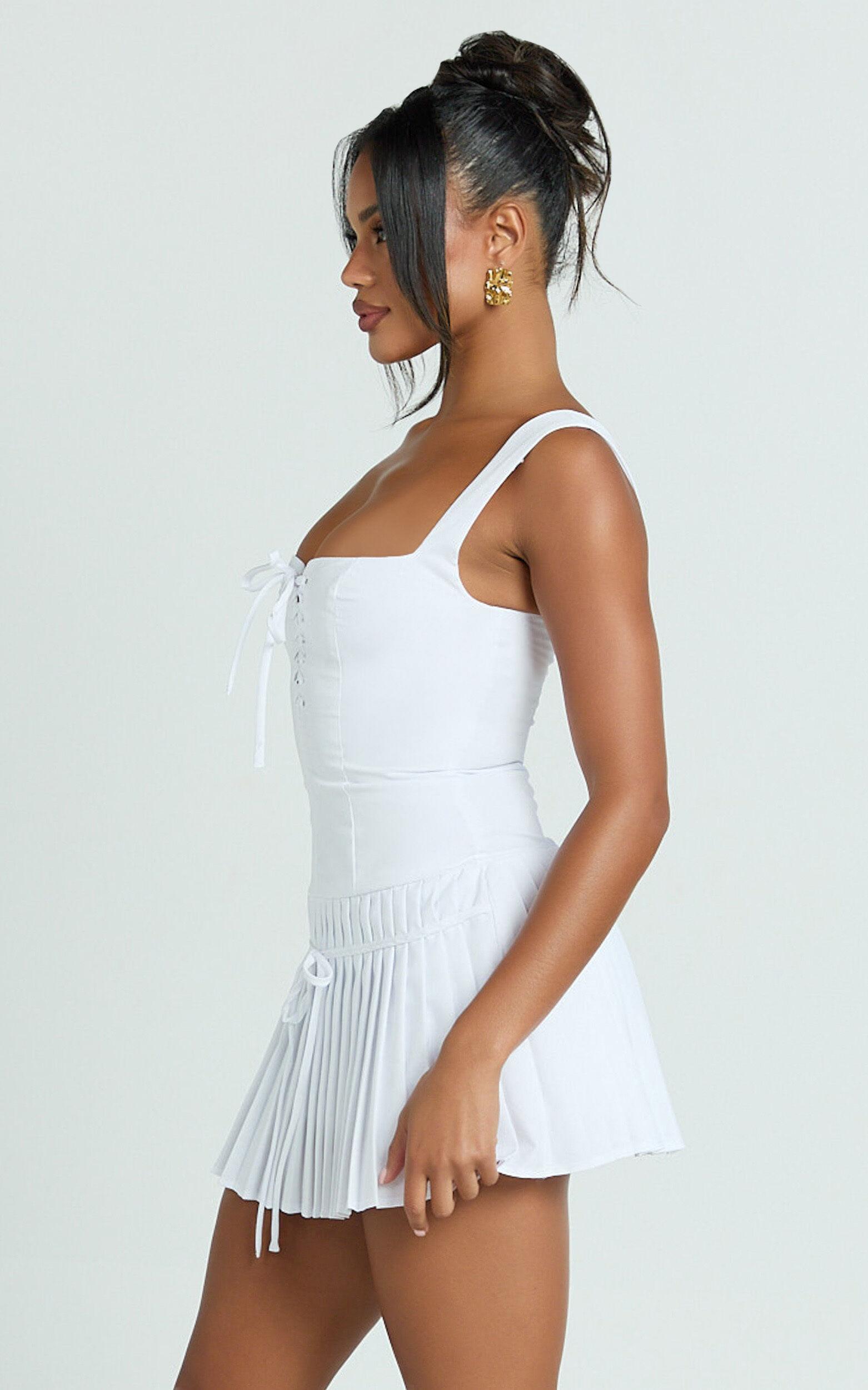 Fraida Mini Dress - Lace Front Dropped Waist Pleated Dress in White Product Image