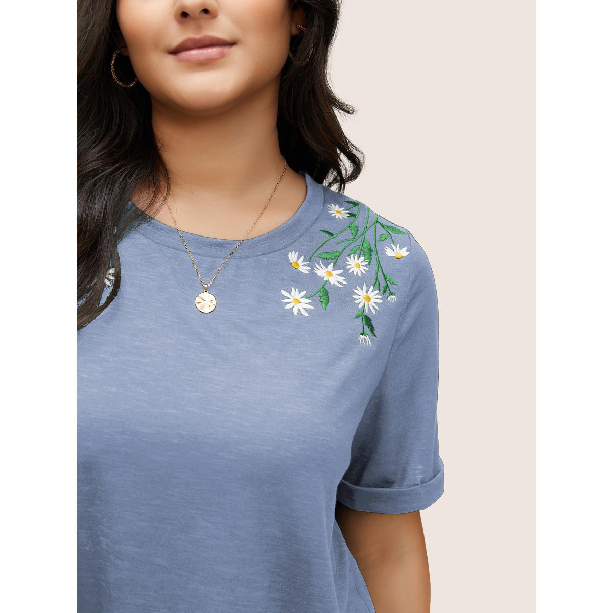 Plus Size Floral Embroidered Roll Sleeve T-shirt LightBlue Women Elegant Roll Hem Plants Round Neck Everyday T-shirts BloomChic 22-24/3X Product Image