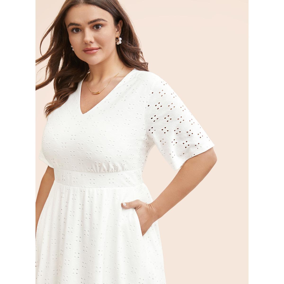 Plus Size Solid Pocket Laser Cut Surplice Neck Knee Dress Ivory Women Elegant Pocket V-neck Short sleeve Curvy Knee Dress BloomChic 28/5X Product Image