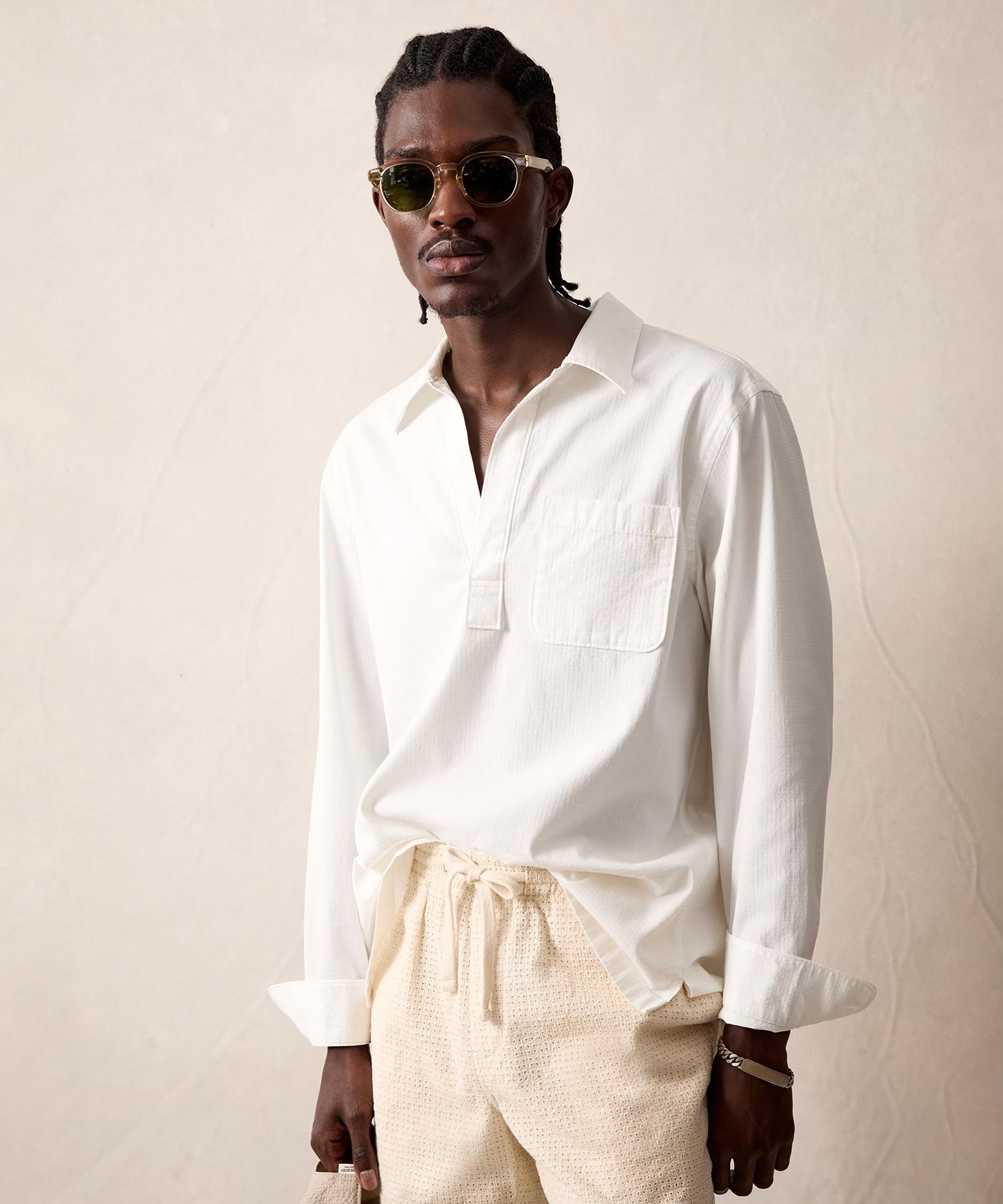 Textured Long-Sleeve Popover Shirt in White Stripe Product Image