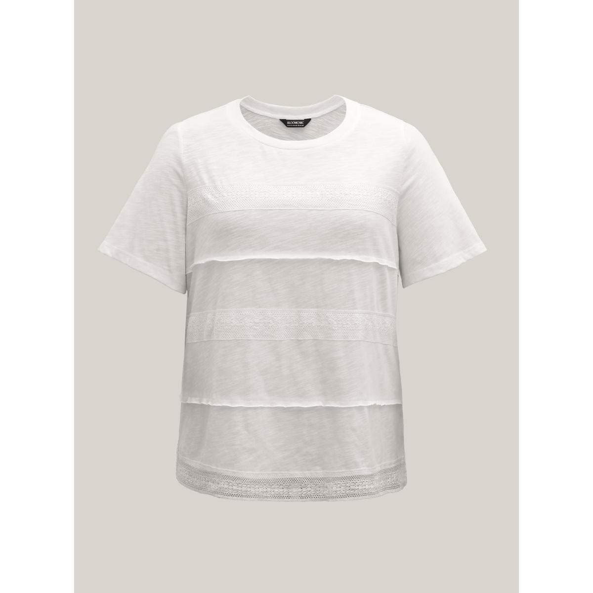 Plus Size Cotton Lace Trim Sheer Solid T-Shirt Originalwhite Women Boho Tucked seam Round Neck Vacation T-shirts BloomChic 22-24/3X Product Image