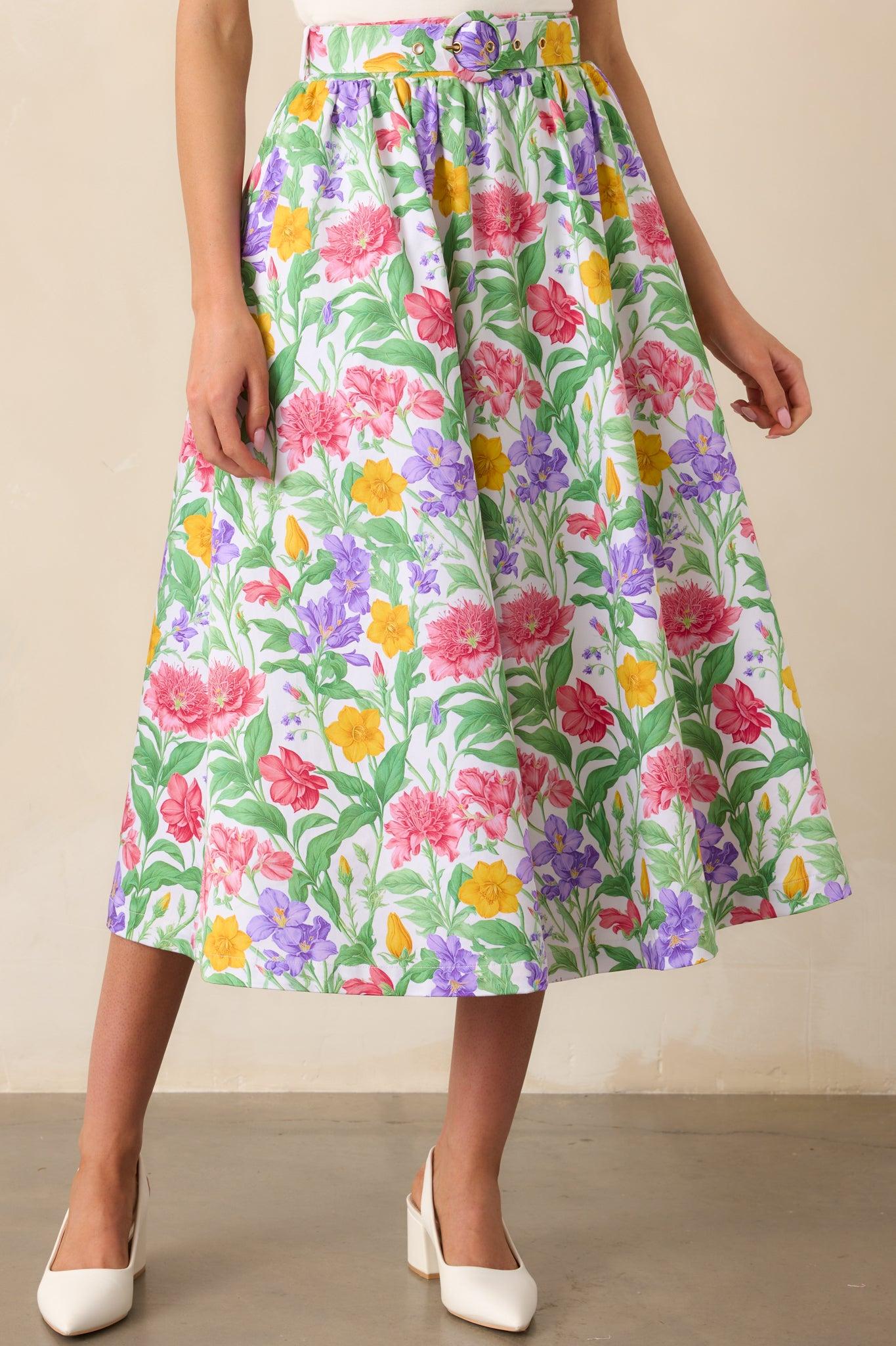 Thena Garden Party Floral Cotton Belted Midi Skirt Product Image