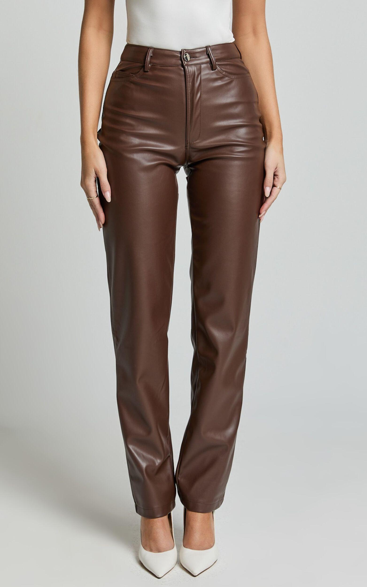 Dilyenne Pant - Mid Waist Straight Leg Faux Leather Pant in Chocolate Product Image