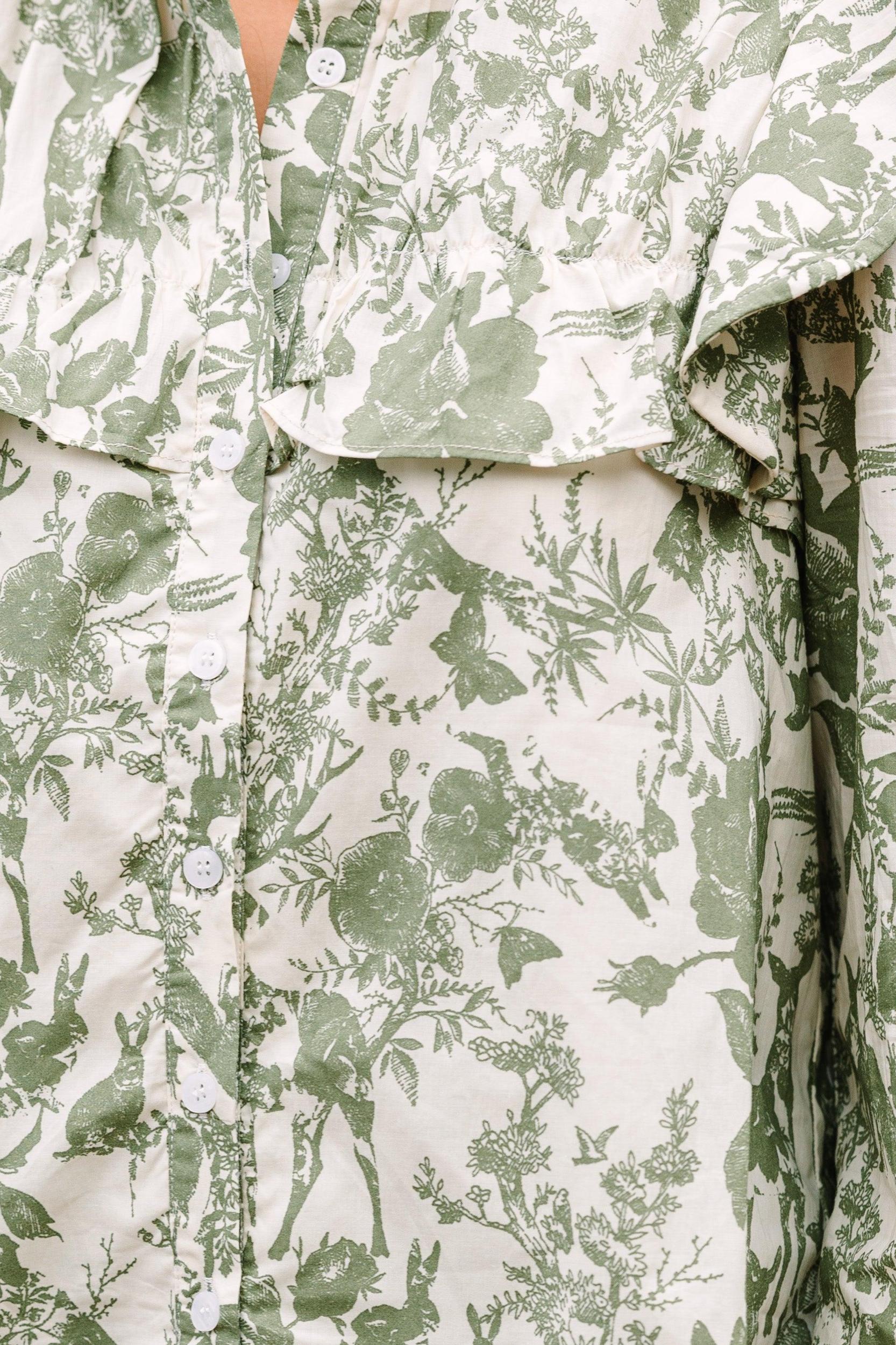 On Your Time Olive Green Toile Button Down Blouse Female Product Image