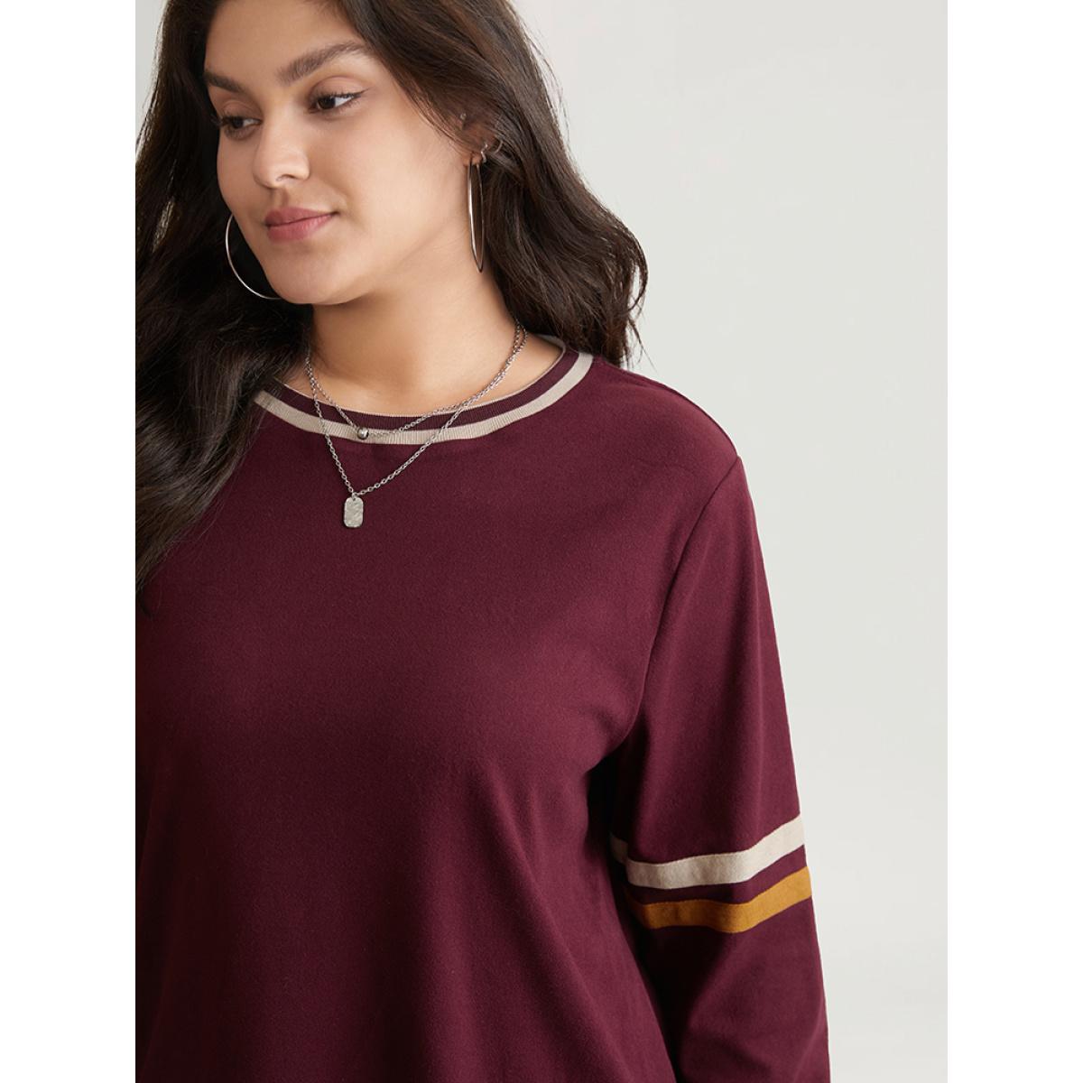 Plus Size Striped Contrast Round Neck Rib Knit Sweatshirt Women Burgundy Casual Contrast Round Neck Everyday Sweatshirts BloomChic 30/6X Product Image