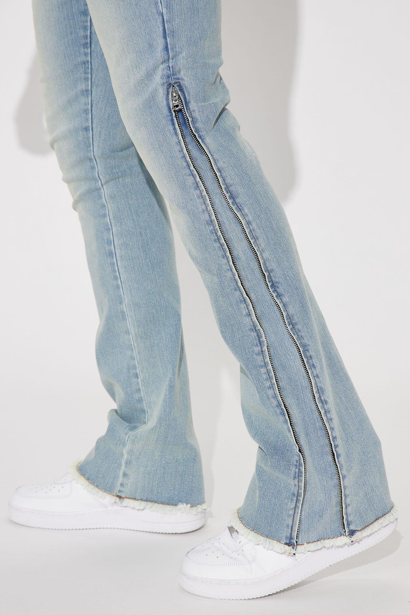 Along Side Zipper Stacked Skinny Flare Jeans - Light Blue Wash Product Image