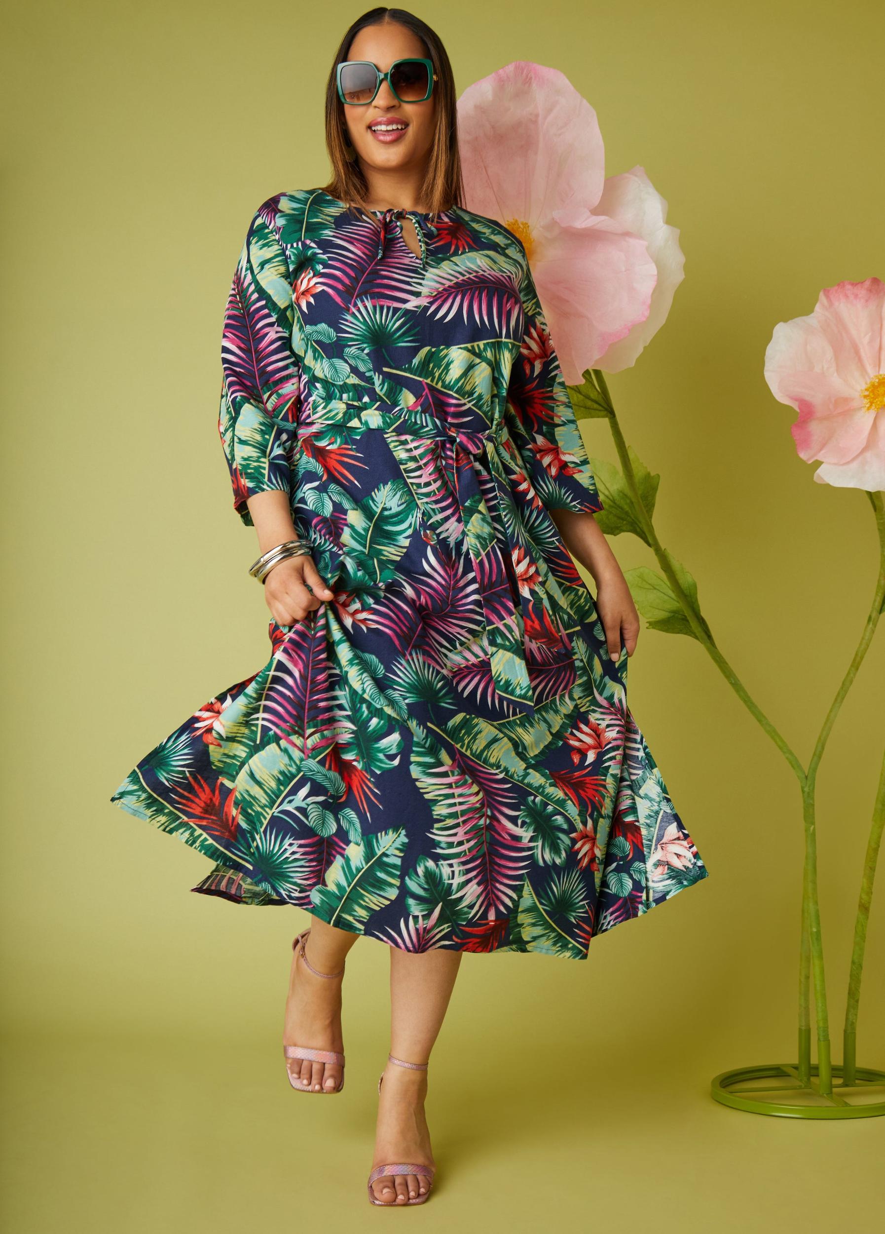 Plus Size Belted Tropical Print Maxi Dress Ashley Stewart Product Image