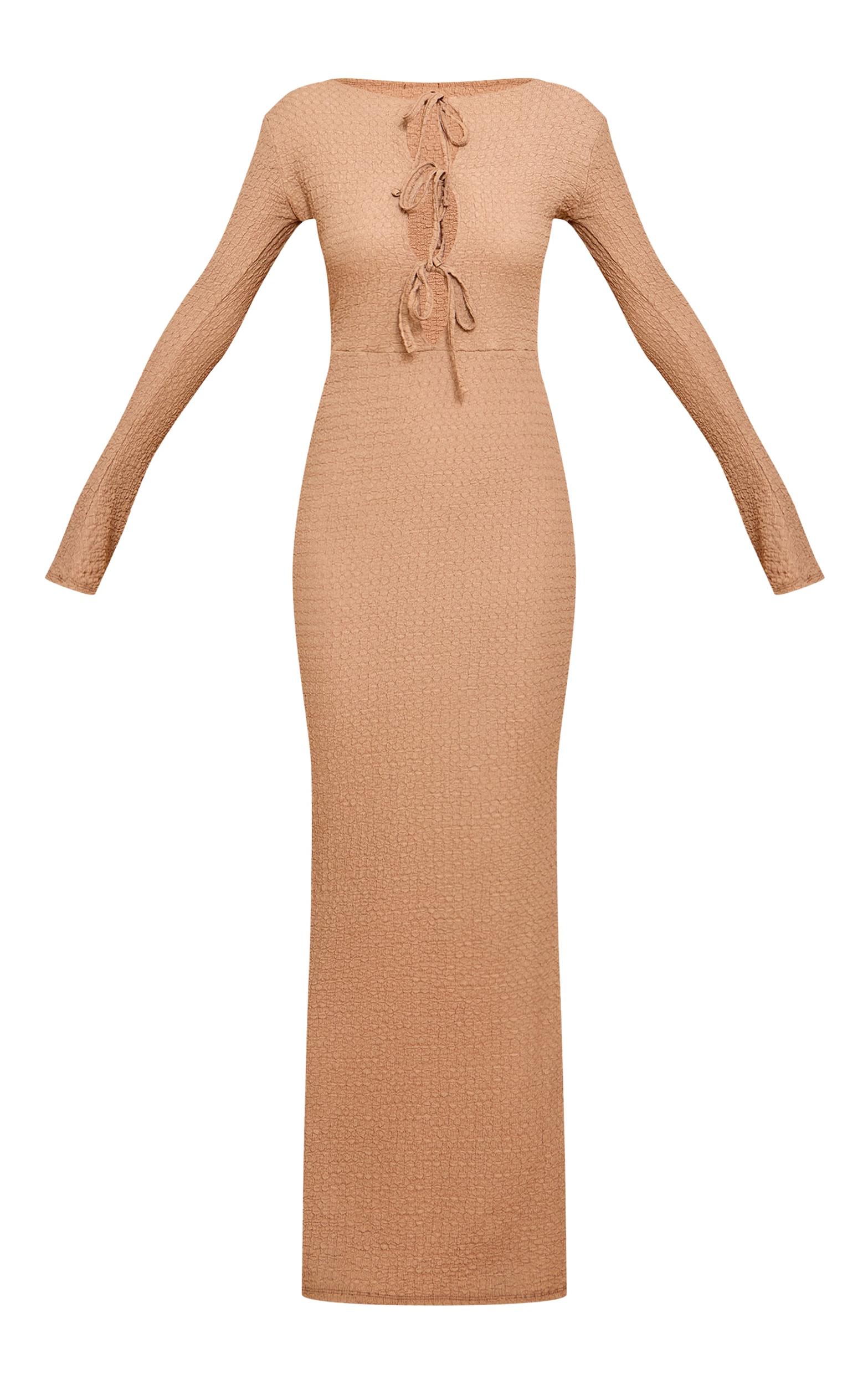 Stone Textured Tie Detail Long Sleeve Maxi Dress Product Image