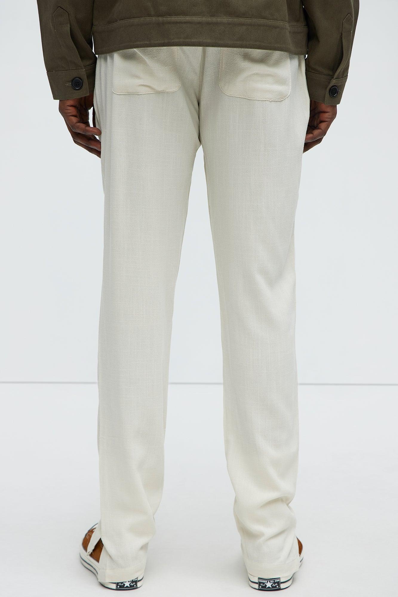 Solid Textured Linen Pull On Side Slit Pants - Cream Product Image