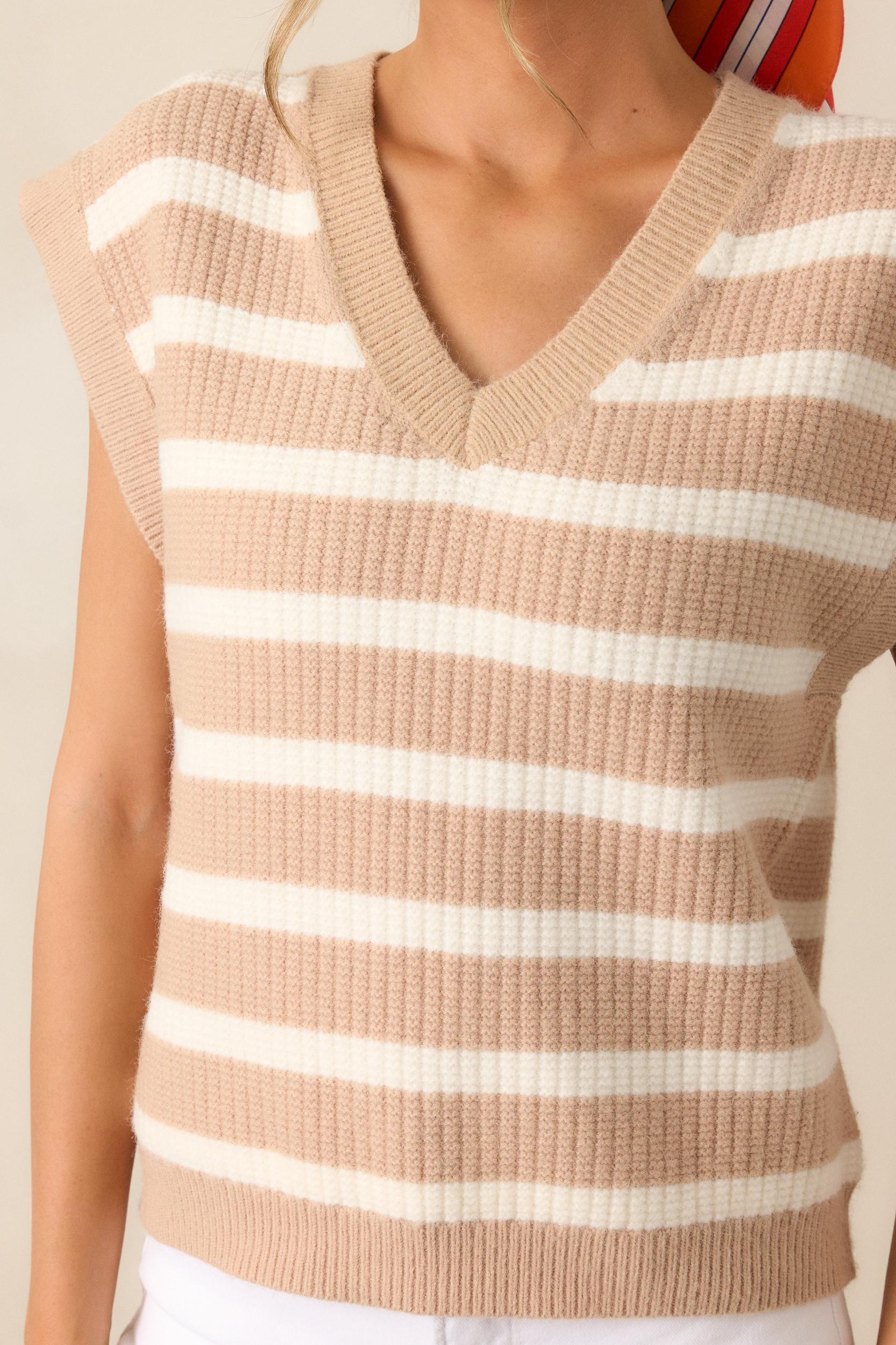 Let’s Get Brunch Tan Stripe V-Neck Sweater Vest Product Image